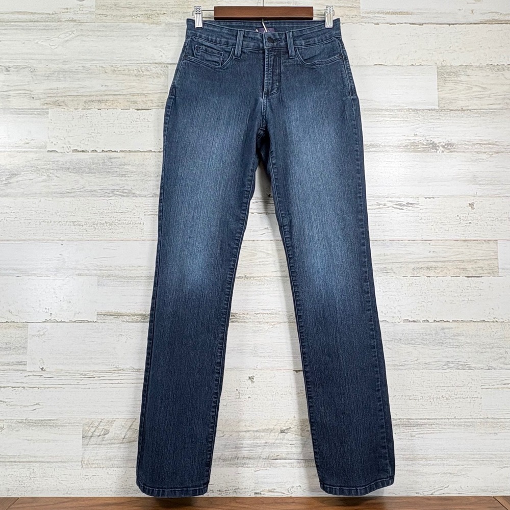NYDJ Straight Leg Jeans Womens 4 Blue Dark Wash Lift Tuck Rhinestone Chic 31x27